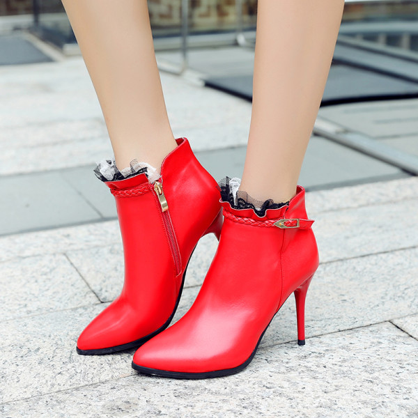 Fashion pointed toe women's shoes winter 2019 sexy red stilettos heels zipper women's boots office lady lace short boots elegant