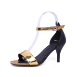 Summer 2019 fashion trend women's shoes buckle blue stilettos heels sandals silver narrow band office lady mature gold