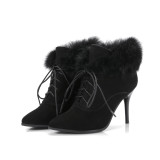 Fashion pointed toe women's shoes winter 2019 cross tied stilettos heels women's boots add fur boots elegant ladies shoes