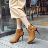 Fashion women's shoes in winter 2019 pointed toe stilettos heels short boots matte mature rivet khaki office lady classics