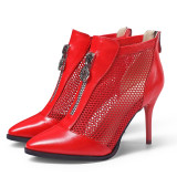 Summer 2019 fashion trend women's shoes pointed toe stilettos heels red cool boots personality zipper white mesh booties