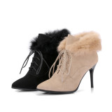 Fashion pointed toe women's shoes winter 2019 cross tied stilettos heels women's boots add fur boots elegant ladies shoes