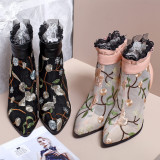 Summer 2019 fashion trend women's shoes pointed toe stilettos heels zipper short boots cool boots lace flower embroidery