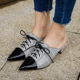 Summer 2019 fashion women's shoes pointed toe white genuine leather stilettos heels cross tied party shoes ladies gingham mules