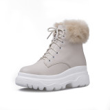 Fashion women's shoes in winter 2019 cross lacing round toe add wool upset short boots leisure matin boots black leather