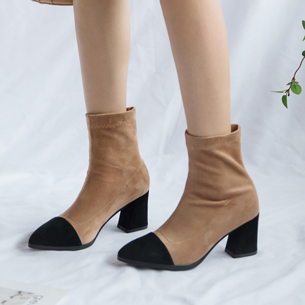 Fashion women's shoes in winter 2019 chunky heels pointed toe short boots caramel slip-on women's boots classics big size 42