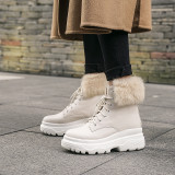Fashion women's shoes in winter 2019 cross lacing round toe add wool upset short boots leisure matin boots black leather