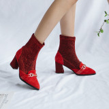 Fashion women's shoes in winter 2019 pointed toe chunky heels slip-on personality party shoes red metal decoration office lady