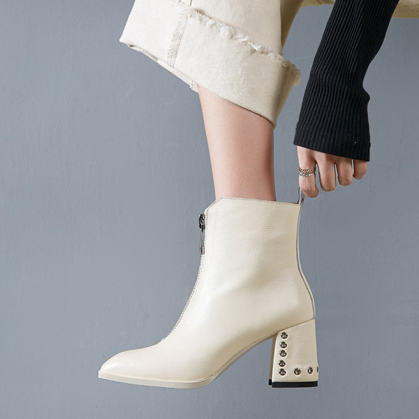 Fashion women's shoes in winter 2019 white chunky heels zipper leather women's boots short boots concise mature office lady