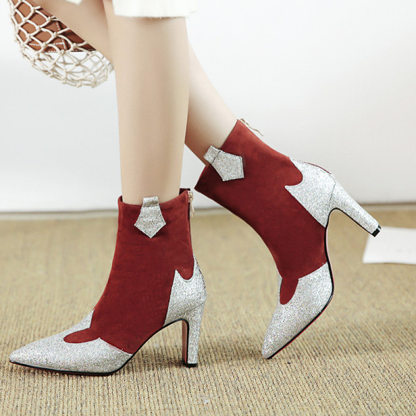 Fashion women's shoes in winter 2019 pointed toe office lady zipper chunky heels big size 42 women's boots short boots red  party shoes