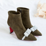Fashion concise ladylike temperament army green women's shoes in winter 2019 pointed toe chunky heels zipper bowknot butterfly knot big size