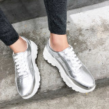 Spring and autumn 2019 fashion women's shoes cross tied white casual shoes leather silver sneakers leisure flat platform comfortable shoes big size 43
