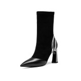 Fashion women's shoes in winter 2019 pointed toe chunky heels stretch fabric boots slip-on short boots over the knee high boots
