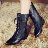 Fashion women's shoes in winter 2019 pointed toe women's boots short boots cross lacing zipper black mature leather concise
