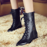 Fashion women's shoes in winter 2019 pointed toe women's boots short boots cross lacing zipper black mature leather concise