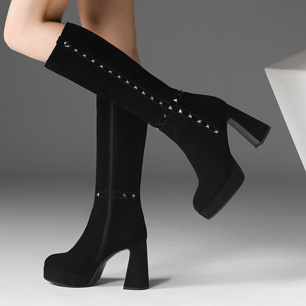 Fashion women's shoes winter round toe chunky heels zipper rivet elegant ladies boots concise platform knee high boots