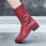 Spring and autumn ladies boots concise mature 2019 zipper fashion burgundy women's shoes pointed toe short flat genuine leather boots