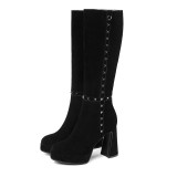 Fashion women's shoes winter round toe chunky heels zipper rivet elegant ladies boots concise platform knee high boots