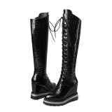 Fashion women's shoes in winter 2019 cross lacing zipper wedges women's boots knee high boots black leather leisure big size 42