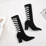 Spring and autumn 2019 fashion women's shoes pointed toe chunky heels slip-on women's boots knitting small size 33 big size 40