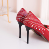 Summer 2019 fashion trend women's shoes pointed toe stilettos heels pumps red party shoes matte crystal rhinestone classics