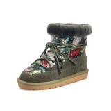 Fashion women's shoes in winter 2019 cross lacing flat boots add wool upset short boots army green sequins big size 43 concise