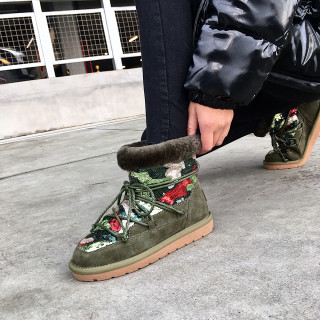 Fashion women's shoes in winter 2019 cross lacing flat boots add wool upset short boots army green sequins big size 43 concise