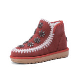 Fashion women's shoes in winter 2019 brick red brown slip-on flat boots short boots add wool upset concise pure color big size 42