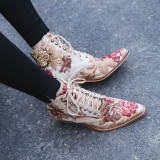 Fashion shoes 2019 pointed toe embroidery chunky heels flower strange style heels women's boots cross tied Ethnic shoes 43