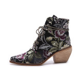 Fashion shoes 2019 pointed toe embroidery chunky heels flower strange style heels women's boots cross tied Ethnic shoes 43
