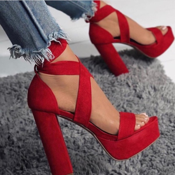 summer platform chunky heels red blue sandals black suede ankle strappy peep toe sexy ladies women's shoes