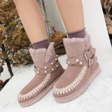 Fashion women's shoes winter 2019 round toe pearls flat platform snow boots large size