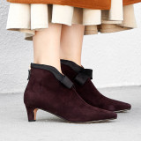 Fashion women's shoes 2019 pointed toe chunky heels short boots zipper butterfly-knot burgundy ankle boots