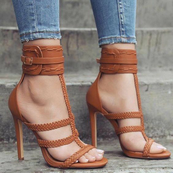 2019 summer high heels stilettos ankle strappy T-strap fashion sandals shoes women ladies sexy party shoes larger size 45