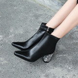 Fashion women's shoes winter 2019 pointed toe chunky heels zipper pure color concise mature black office lady short genuine leather boots