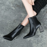 Fashion women's shoes winter 2019 pointed toe chunky heels zipper pure color concise mature black office lady short genuine leather boots