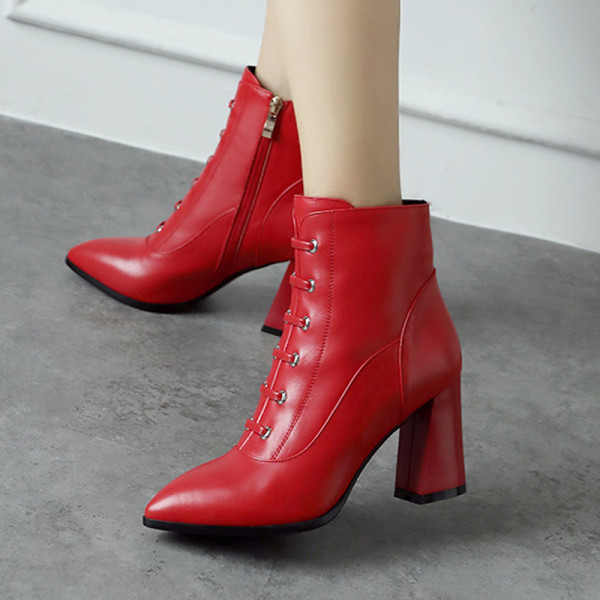 Arden Furtado fashion pure color women's shoes in winter 2019 pointed toe chunky heels red zipper short boots women's boots