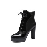 Arden Furtado fashion women's shoes winter 2019 pointed toe chunky heels platform ankle boots black gray cross lacing mature waterproof