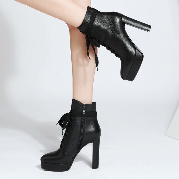 Arden Furtado fashion women's shoes winter 2019 pointed toe chunky heels short boots black zipper cross tied platform matin boots