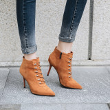 2019 stilettos high heels ankle boots cross tied pointed toe women's shoes ladies brown fashion boots