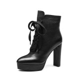 Arden Furtado fashion women's shoes winter 2019 pointed toe chunky heels short boots black zipper cross tied platform matin boots