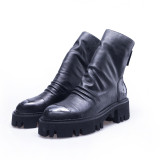 Fashion black leather women's shoes ankle matin boots round toe zipper women's shoes genuine leather pleated short boots