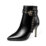 Arden Furtado fashion women's shoes in winter 2019 pointed toe stilettos heels zipper short boots buckle metal decoration