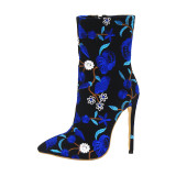 Arden Furtado spring and autumn 2019 women's shoes pointed toe stilettos heels zipper blue embroidery big size 48 short boots