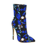 Arden Furtado spring and autumn 2019 women's shoes pointed toe stilettos heels zipper blue embroidery big size 48 short boots