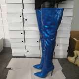 Arden Furtado fashion women's shoe pointed toe stilettos heels zipper big size 47 over the knee high blue silver boots