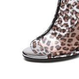 Arden Furtado summer 2019 fashion trend women's shoes chunky heels zipper small size 33 big size 45 peep toe leopard short boots print PVC