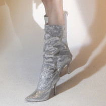 Arden Furtado spring and autumn 2019 fashion women's shoes pointed toe silver crystal rhinestone while the boots stilettos heels women's boots
