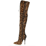 stilettos over the knee boots leopard high heels 12cm boots women's fashion shoes cross tied sexy shoes