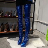 Arden Furtado fashion women's shoes round toe stilettos heels party shoes blue leather rivets over the knee high boots